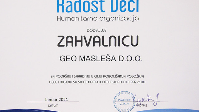 ZAHVALNICA – DONACIJA RADOST DECI